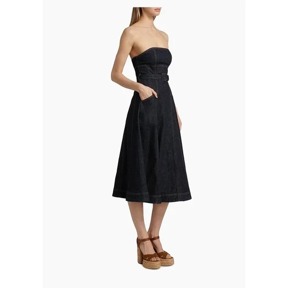 Self-Portrait Indigo Denim Bandeau Midi Dress Belted Dark Wash US 4 - Picture 11 of 11